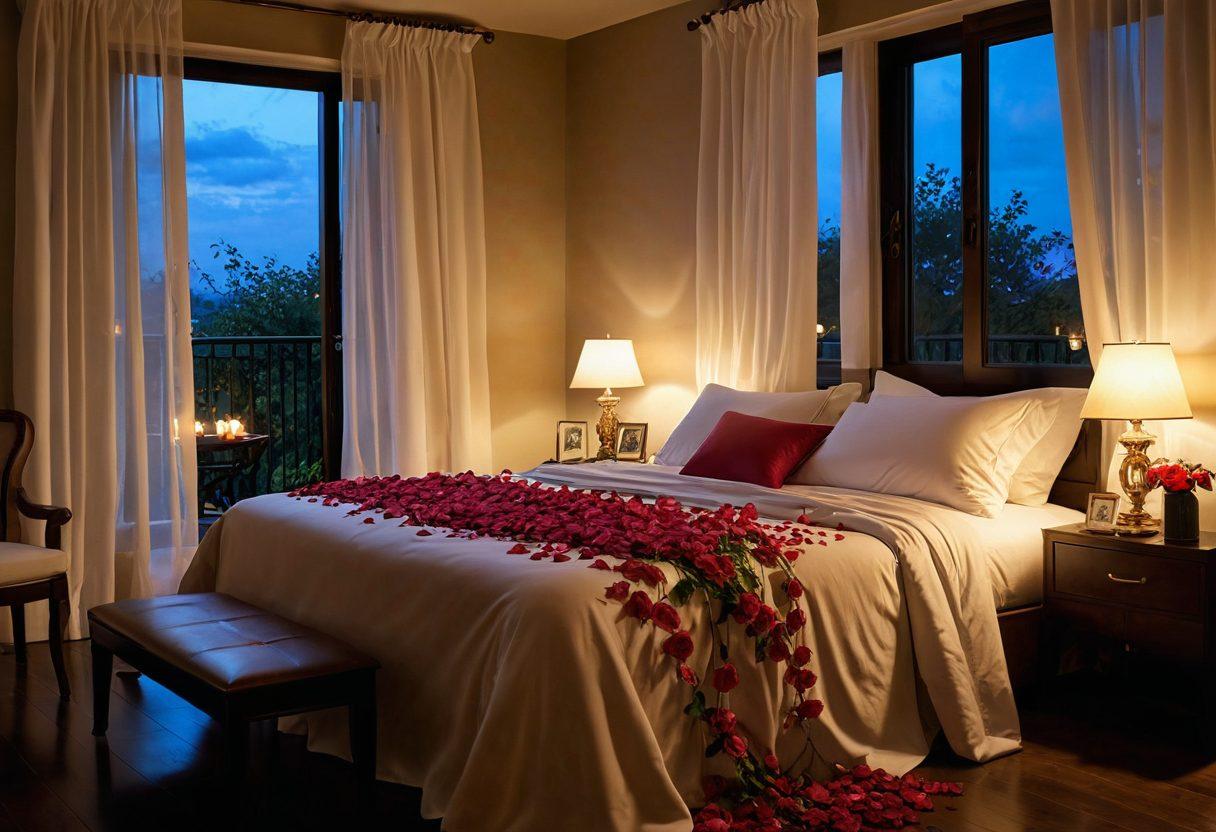 A cozy bedroom setting with soft, dim lighting, featuring an elegantly made bed adorned with rose petals. A couple, sharing a loving glance, is entwined in warm embraces amidst candlelight and scattered romantic novels. Include subtle hints of sensuality with silk sheets and an open window letting in a gentle breeze. Lush plants in the background add to the intimate atmosphere. super-realistic. warm tones. soft focus.