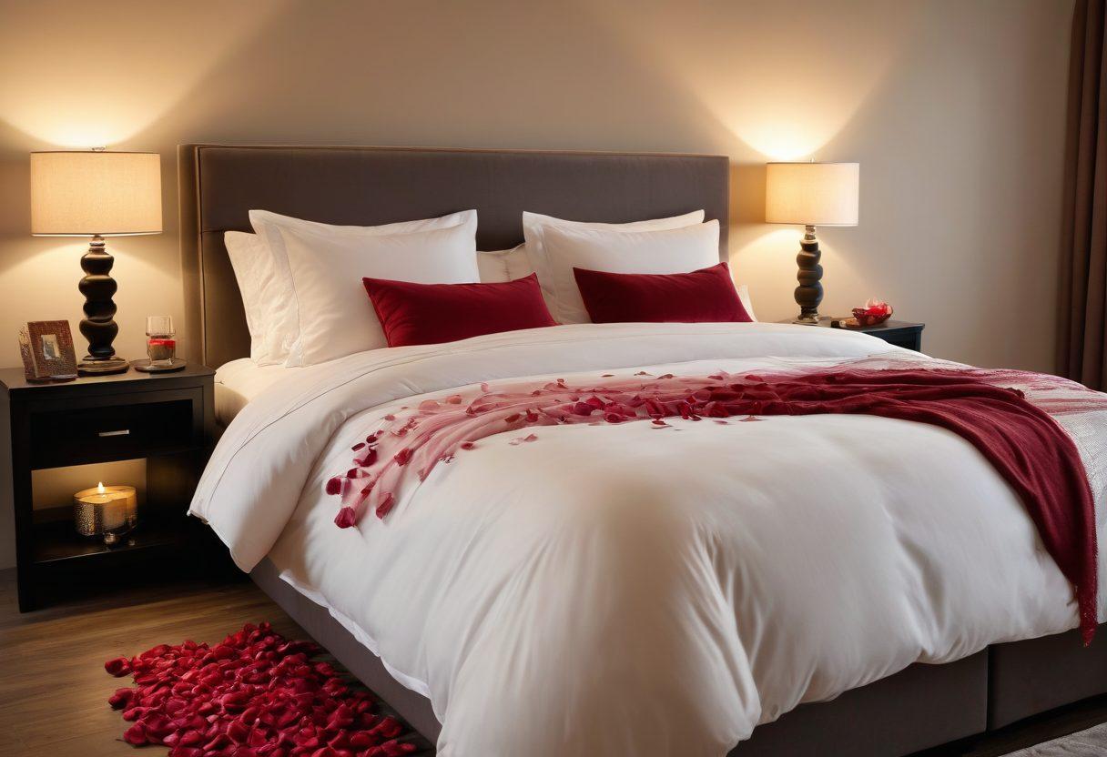 A serene and inviting bedroom setting, with soft lighting, luxurious bedding, and subtle decorations that evoke intimacy and warmth. Include elements like candles, rose petals, and a glass of wine, symbolizing romance and pleasure. In the background, faint silhouettes of diverse couples sharing a moment of closeness, suggesting different aspects of sexual wellness. Provide a sense of tranquility and connection. soft focus. warm tones. super-realistic.